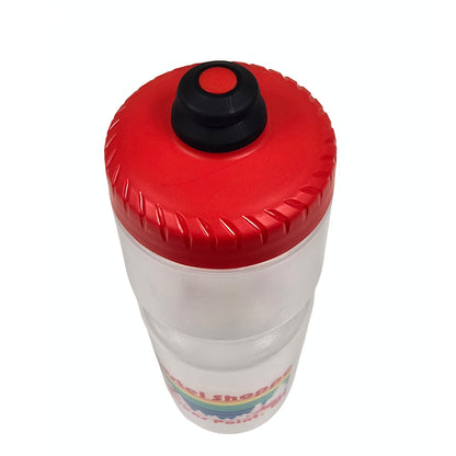 Closeup view of the closed MoFlo red cap on a clear Hostel Shoppe custom water bottle with colorful design against a white background.