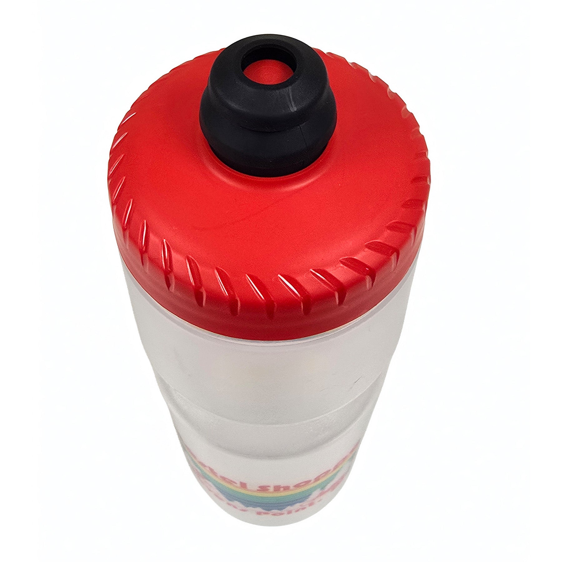 Closeup view of the open MoFlo red cap on a clear Hostel Shoppe custom water bottle with colorful design against a white background.