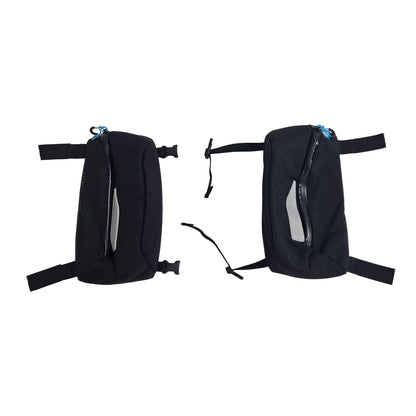 Top view of the HP Velotechnik Add-On Bags for Mesh Seat in black with a reflective stripe against a white background.