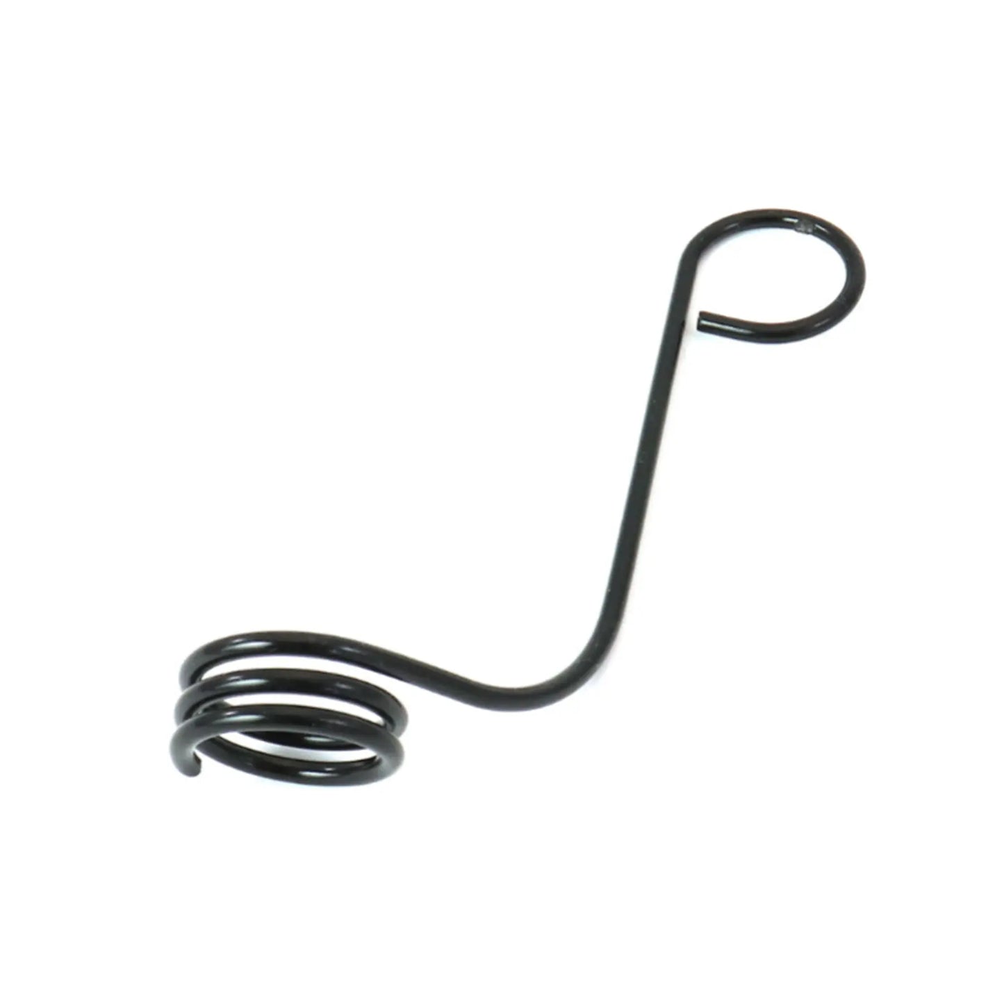 The black metal HP Velotechnik Chain Tube Mounting Spring Clip Front for recumbent bikes and trikes against a white background.