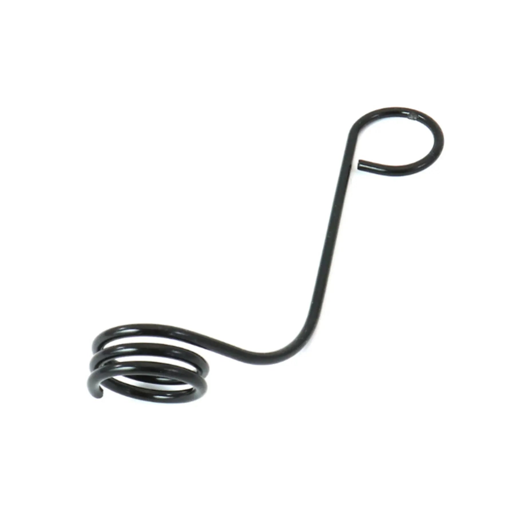 The black metal HP Velotechnik Chain Tube Mounting Spring Clip Front for recumbent bikes and trikes against a white background.