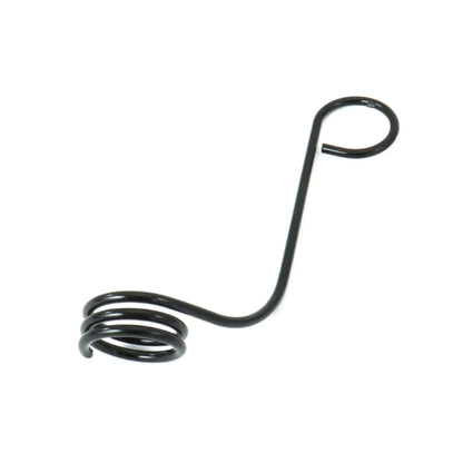 The black metal HP Velotechnik Chain Tube Mounting Spring Clip Front for recumbent bikes and trikes against a white background.