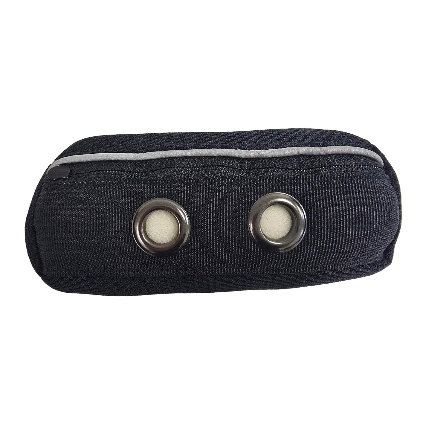 Back bottom view of the HP Velotechnik Cushion for ErgoMesh Seat Headrest in black with two grommet holes and reflective piping with the zipper closed against a white background.