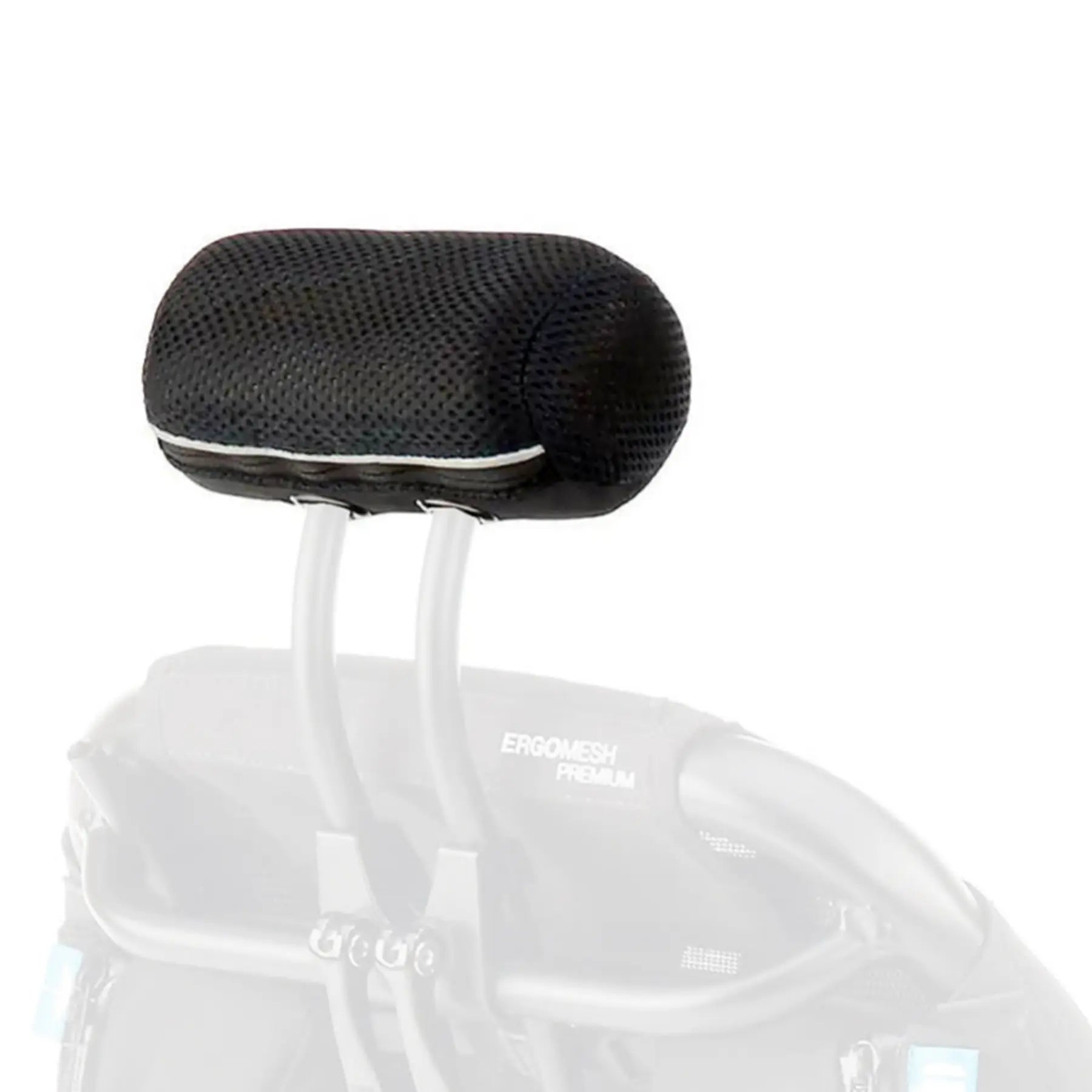 View of the HP Velotechnik Cushion for ErgoMesh Seat Headrest in black  Mounted on a greyed out headrest against a white background.