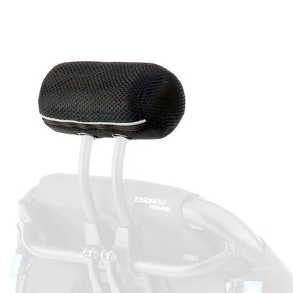 View of the HP Velotechnik Cushion for ErgoMesh Seat Headrest in black  Mounted on a greyed out headrest against a white background.