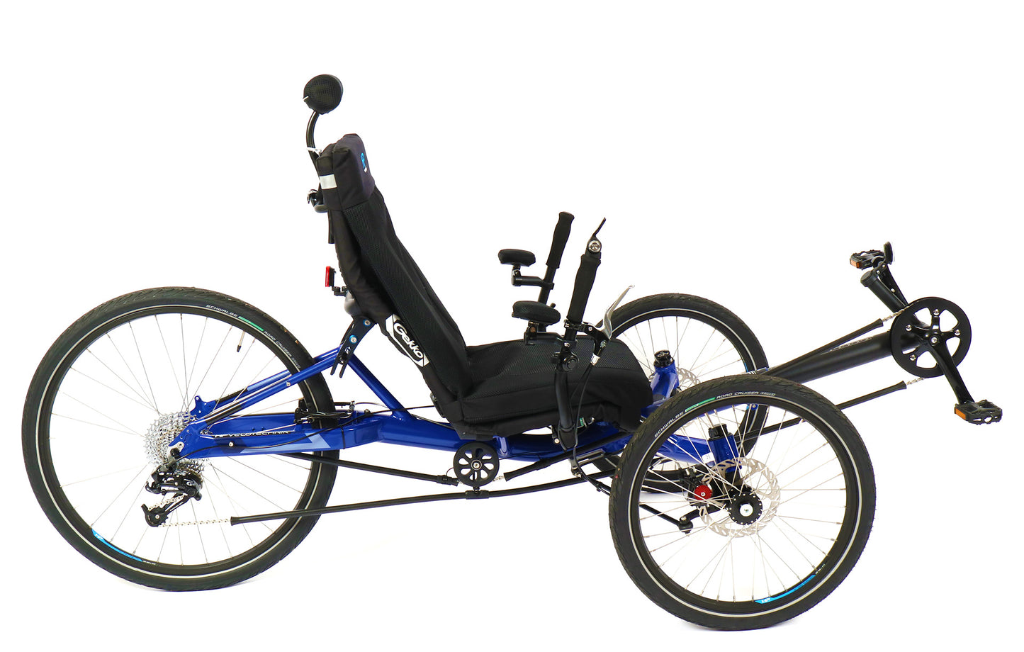 Side view of the HP Velotechnik Gekko 26 Comfort Recumbent Trike in Deep Blue against a white background.