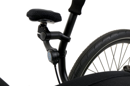 Closeup view of the hand rest and parking brake on the HP Velotechnik Gekko 26 Comfort Recumbent Trike in Lime Green against a white background.
