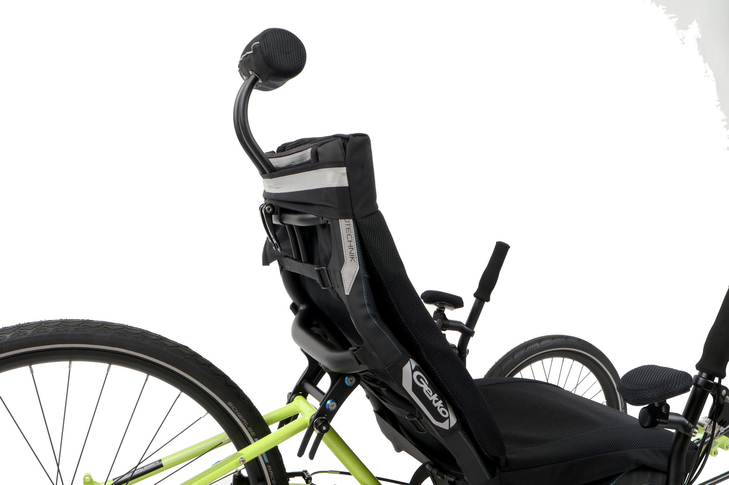 Closeup view of the seat and neck rest on the HP Velotechnik Gekko 26 Comfort Recumbent Trike in Lime Green against a white background.