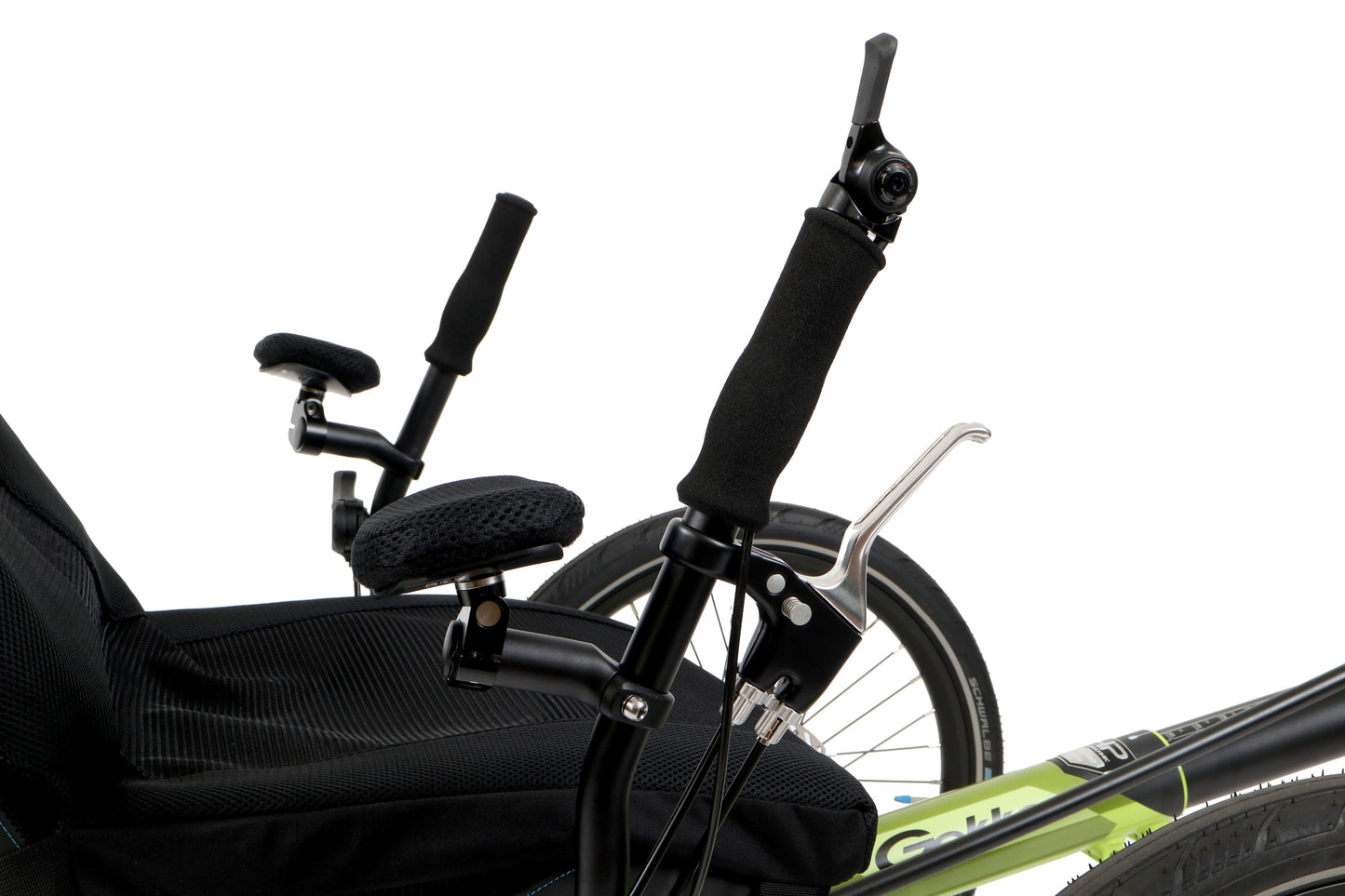 Closeup view of the seat and handlebars on the HP Velotechnik Gekko 26 Comfort Recumbent Trike in Lime Green against a white background.