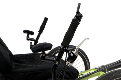 Closeup view of the seat and handlebars on the HP Velotechnik Gekko 26 Comfort Recumbent Trike in Lime Green against a white background.
