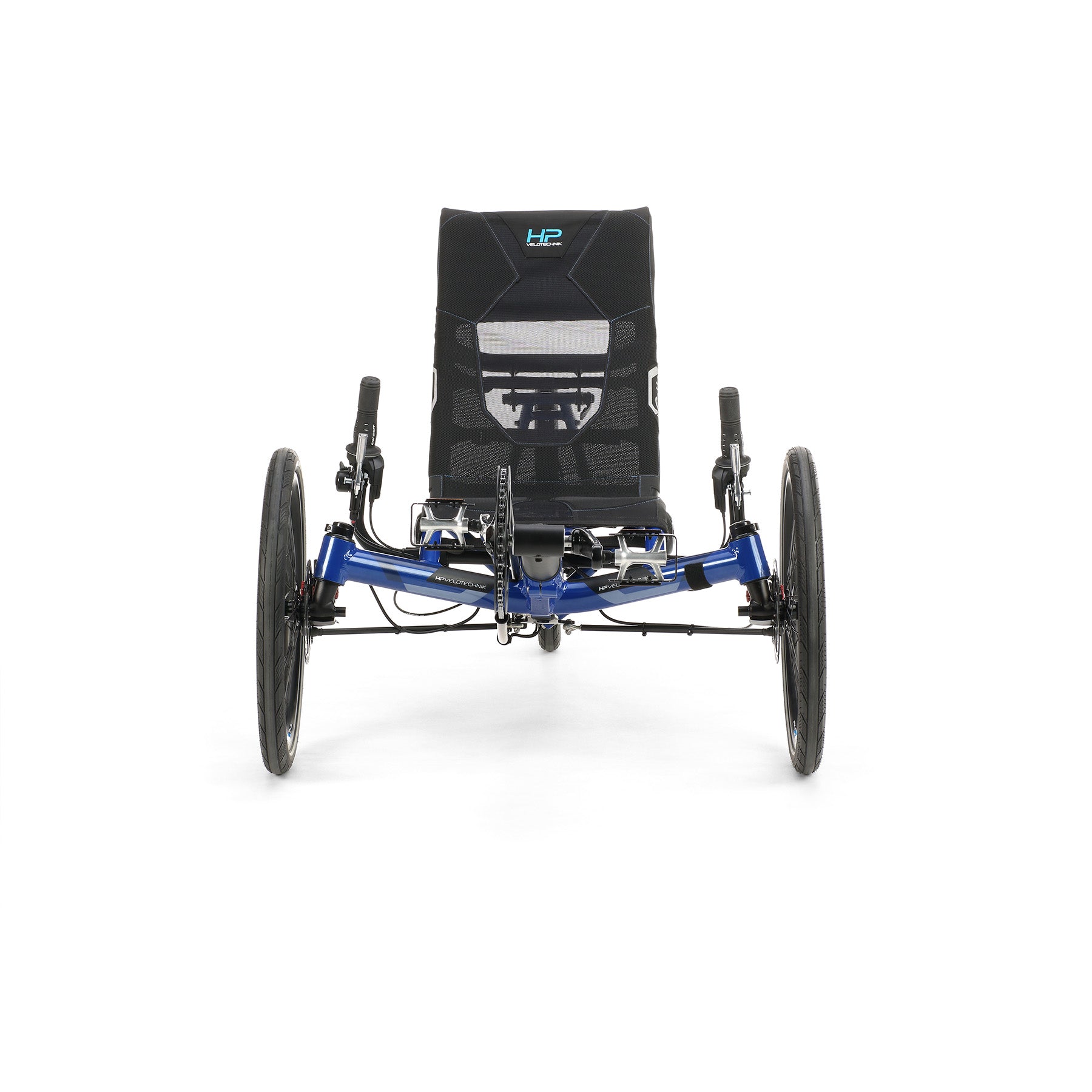 Front view of the HP Velotechnik Gekko fx 20 Sport Recumbent Trike in Deep Blue against a white background.
