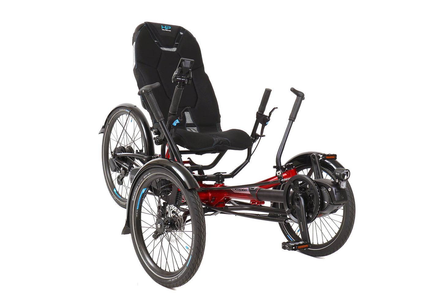 Front angled view of the HP Velotechnik Scorpion fs 26 Plus Steps EP801 in Magma Red/Black, shown on a white background. 