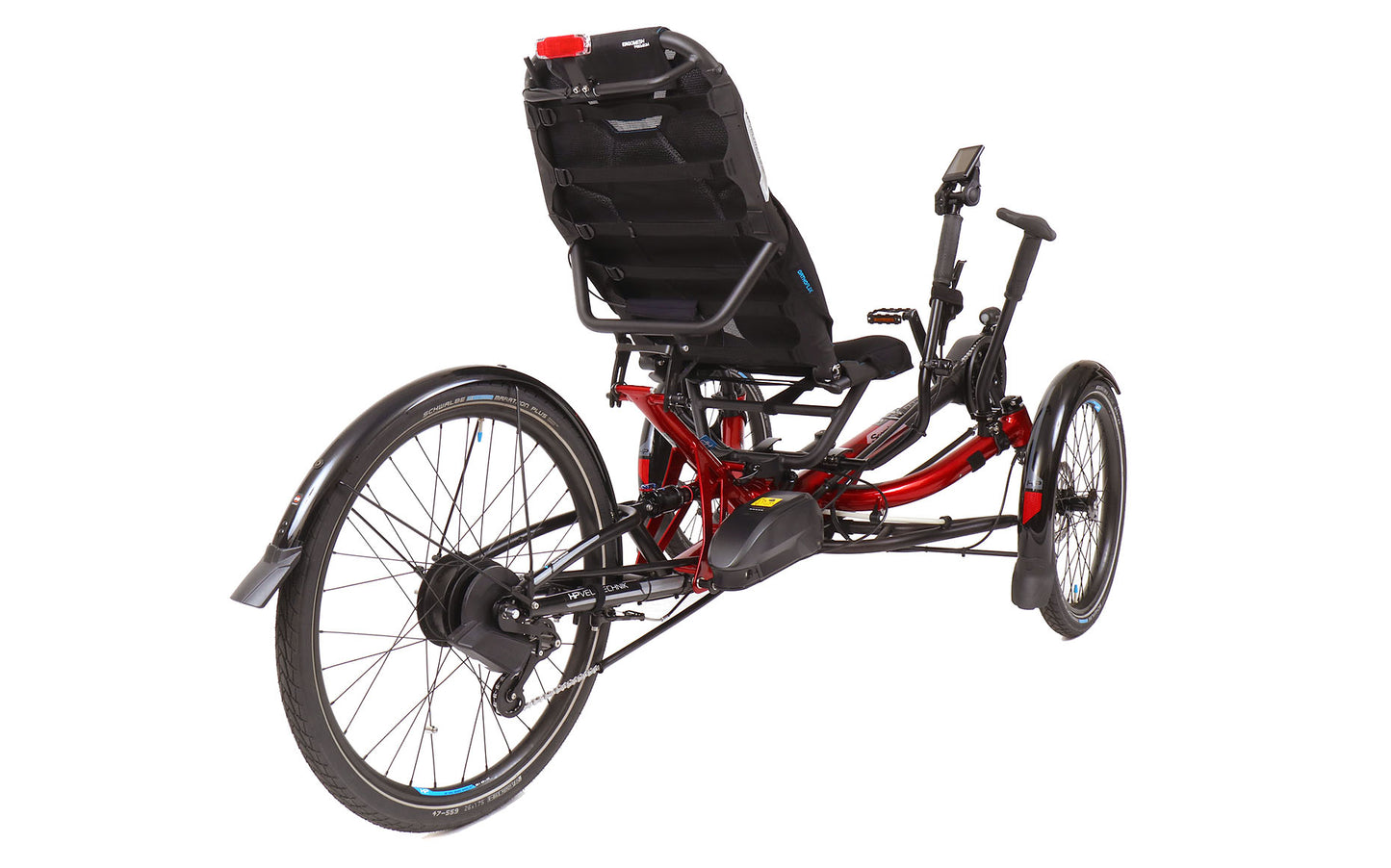 Rear angled view of the HP Velotechnik Scorpion fs 26 Plus Steps EP801 in Magma Red/Black, shown on a white background.