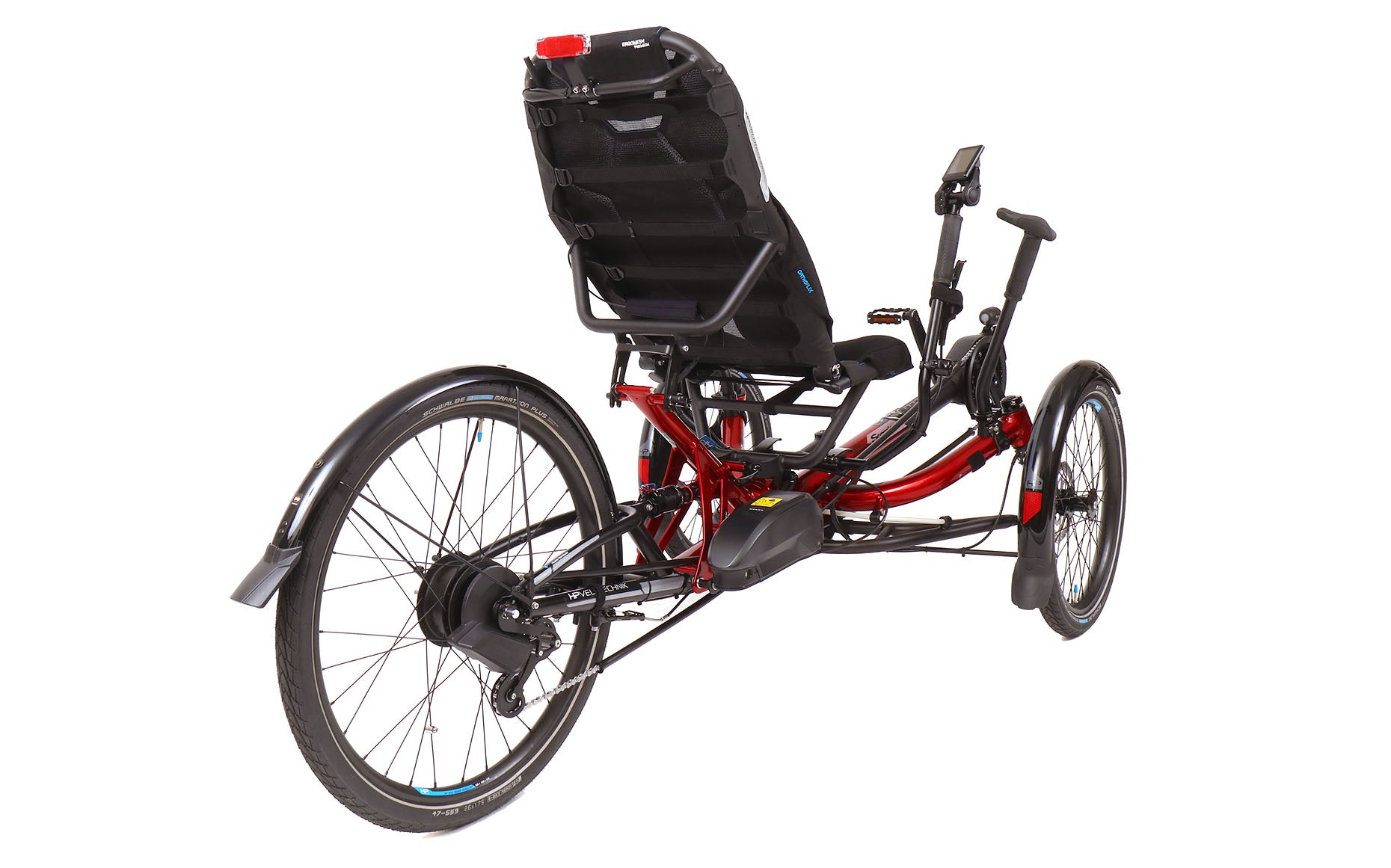 Rear angled view of the HP Velotechnik Scorpion fs 26 Plus Steps EP801 in Magma Red/Black, shown on a white background.