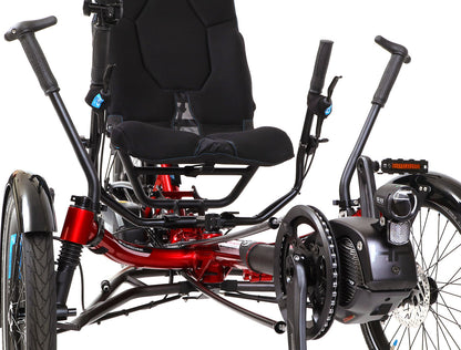 Front detail view of the HP Velotechnik Scorpion fs 26 Plus Steps EP801 in Magma Red/Black, shown on a white background. 