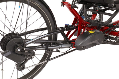 Side detail view of the HP Velotechnik Scorpion fs 26 Plus Steps EP801 in Magma Red/Black, shown on a white background. 