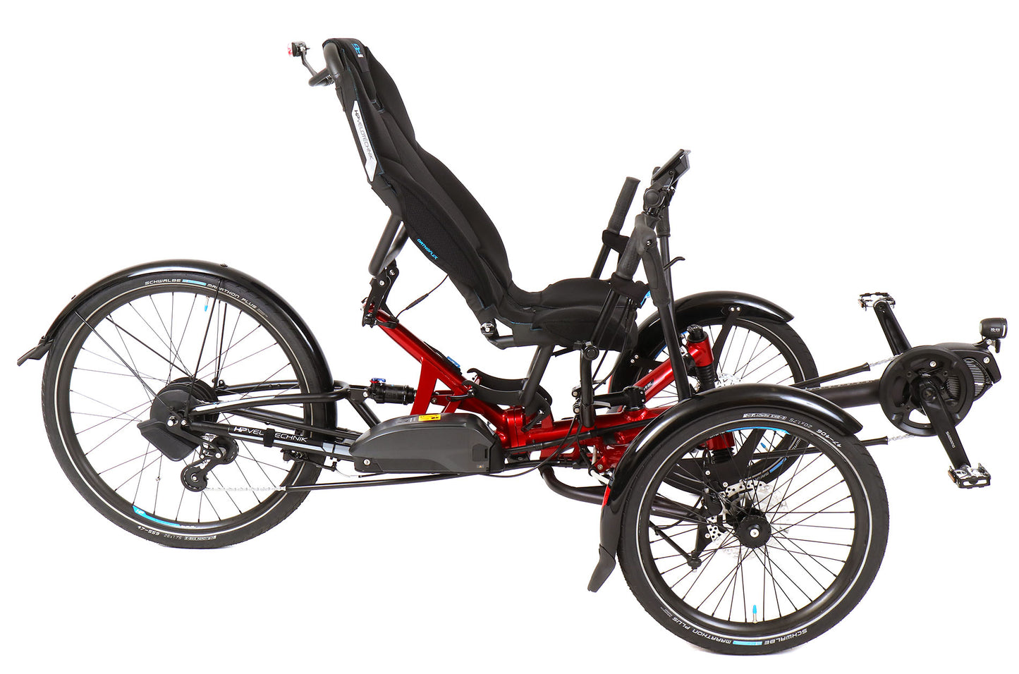 Side view of the HP Velotechnik Scorpion fs 26 Plus Steps EP801 in Magma Red/Black, shown on a white background. It includes fenders, lights, a plush seat, and full suspension.