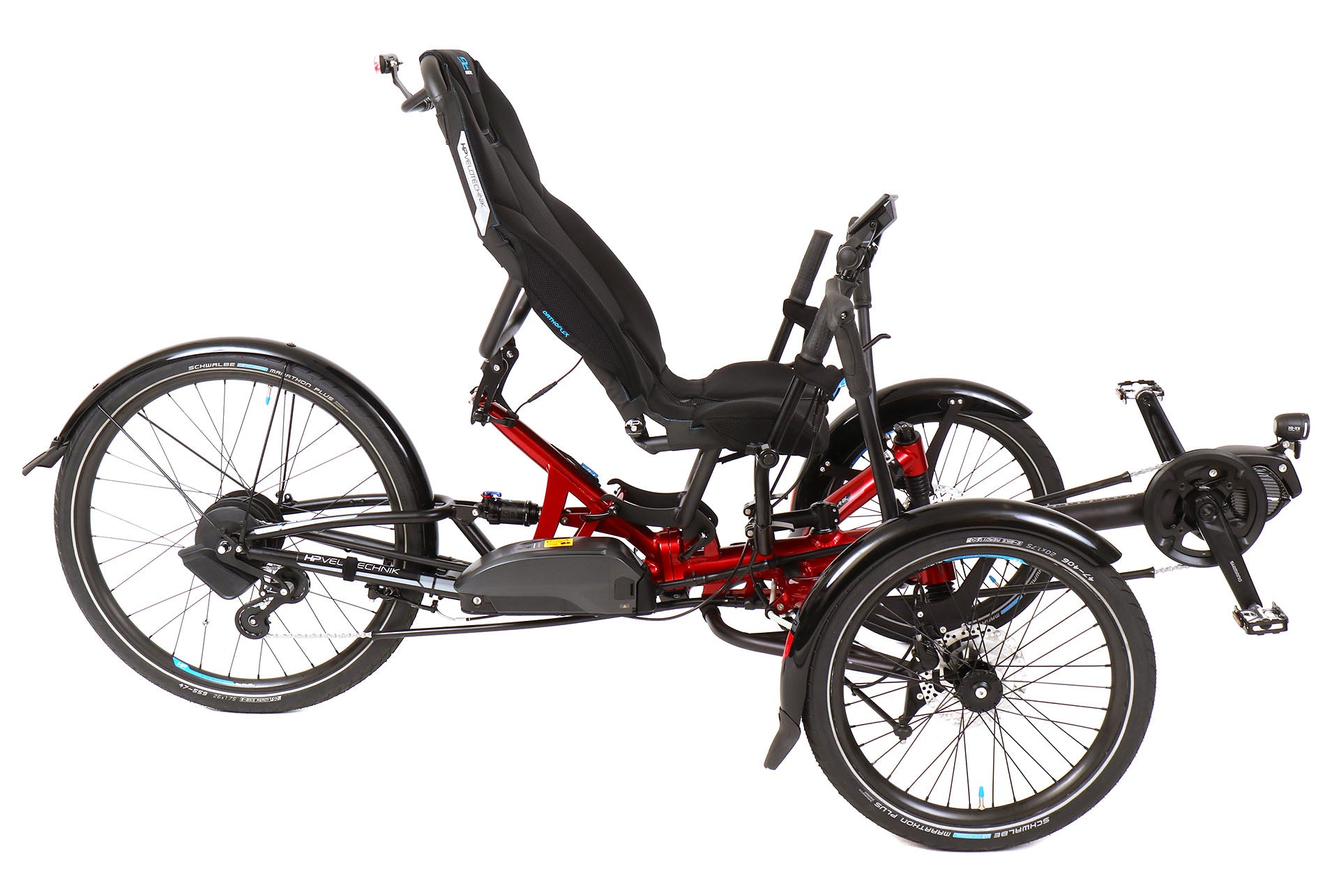 Side view of the HP Velotechnik Scorpion fs 26 Plus Steps EP801 in Magma Red/Black, shown on a white background. It includes fenders, lights, a plush seat, and full suspension.