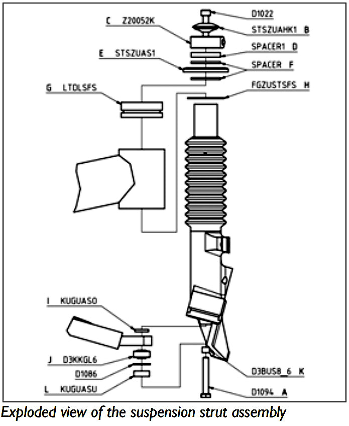 Exploded view of the HP Velotechnik Front Suspension Strut Assembly labeled with the various parts comprising the whole unit.