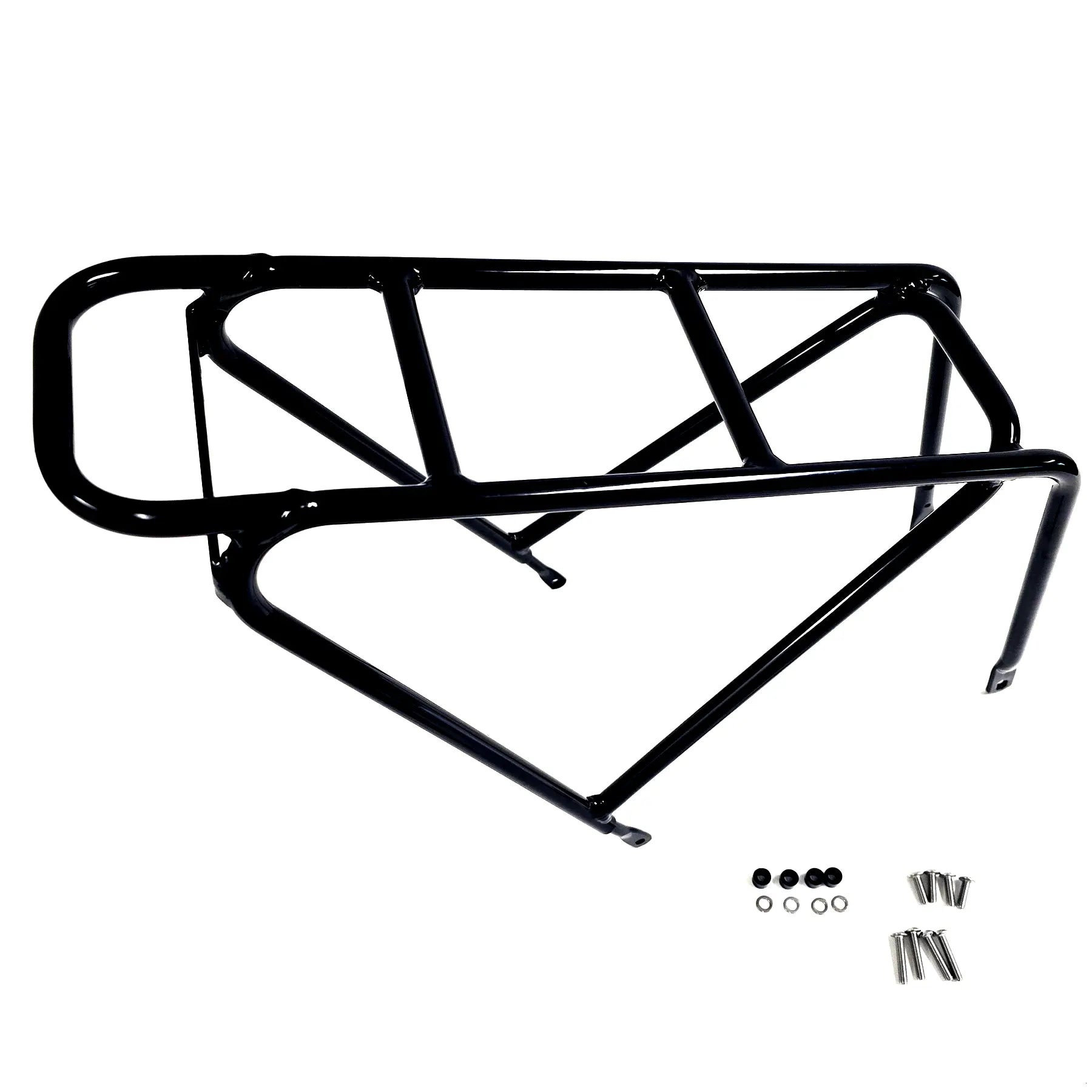 Side view of the HP Velotechnik Top Load Rack Extension in black with mounting hardware against a white background. 