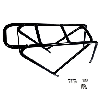Side view of the HP Velotechnik Top Load Rack Extension in black with mounting hardware against a white background. 