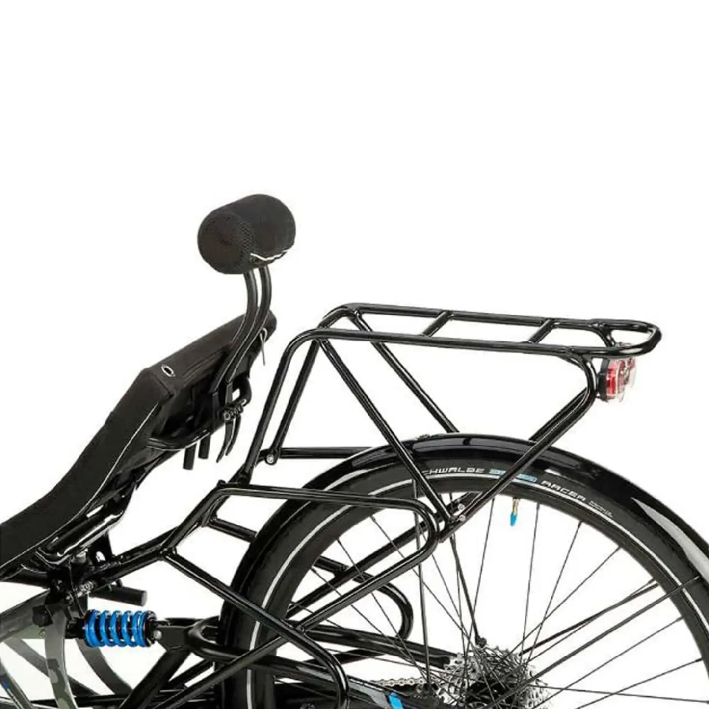 Side view of the HP Velotechnik Top Load Rack Extension in black mounted on a trike rack against a white background. 