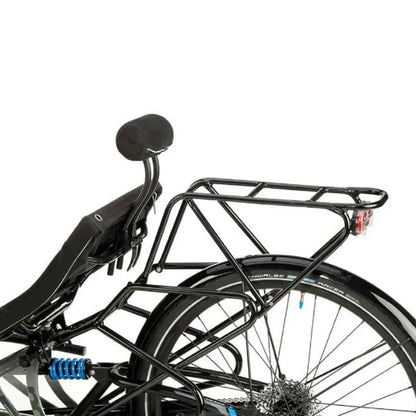 Side view of the HP Velotechnik Top Load Rack Extension in black mounted on a trike rack against a white background. 