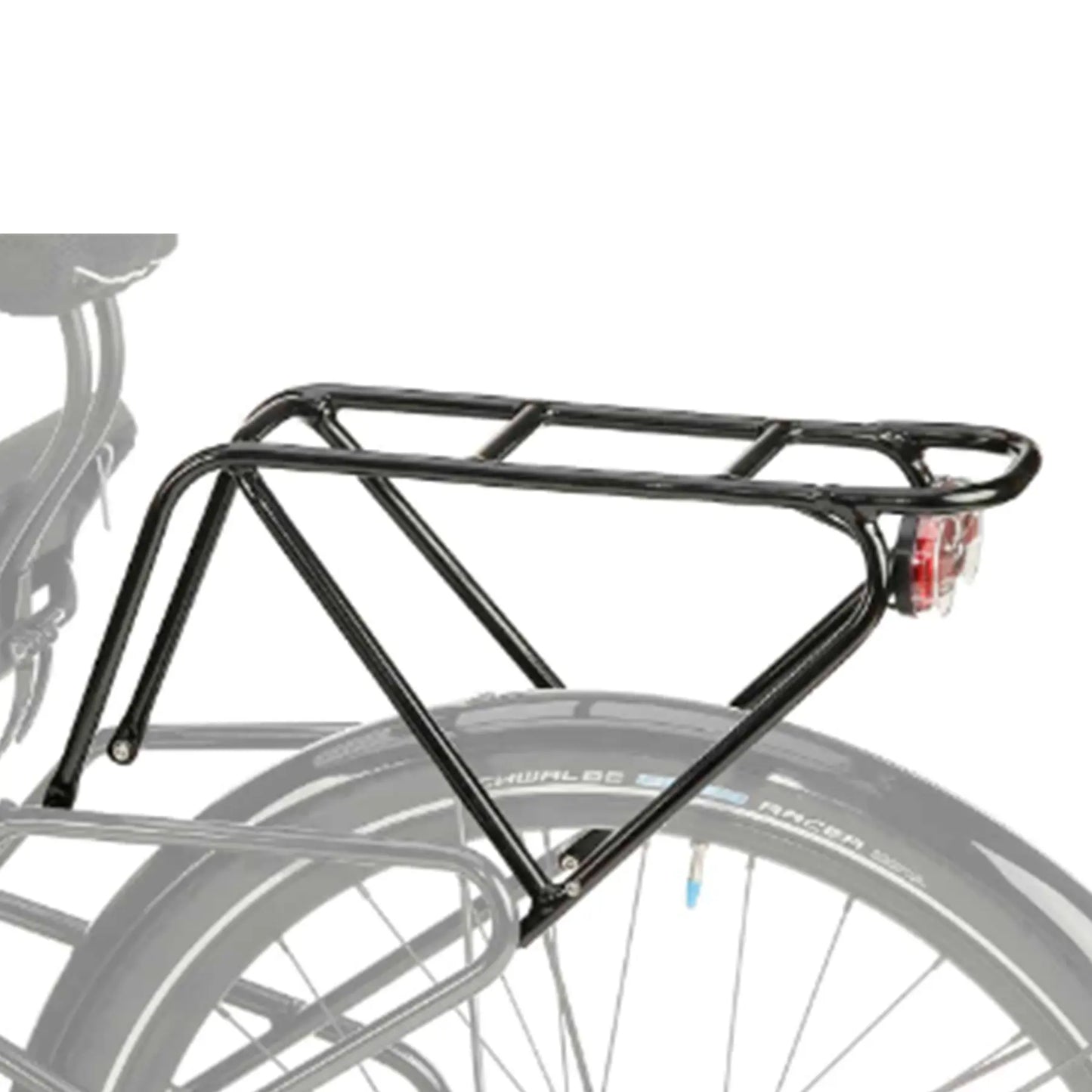 Side view of the HP Velotechnik Top Load Rack Extension in black mounted on a greyed out trike and rack against a white background. 