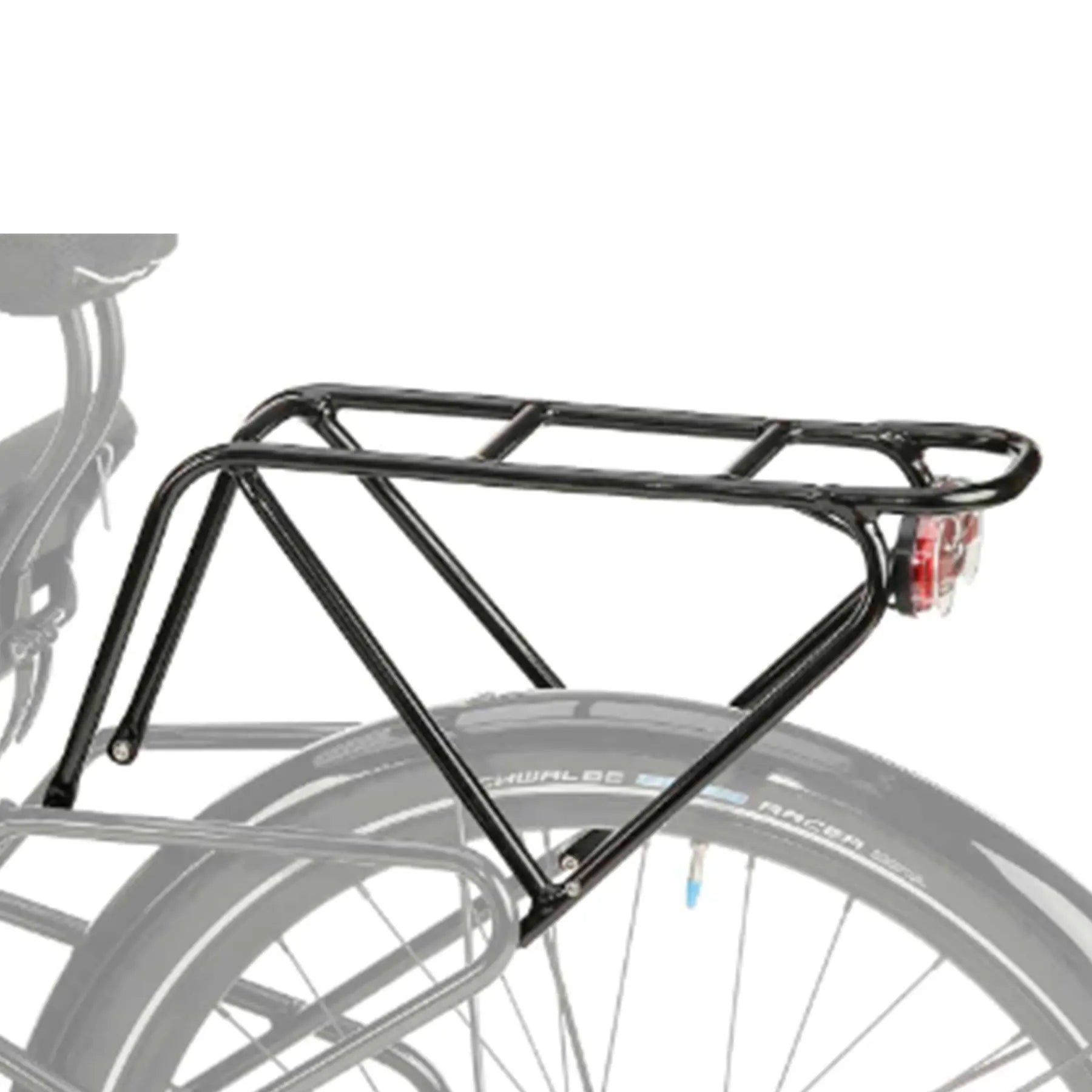 Side view of the HP Velotechnik Top Load Rack Extension in black mounted on a greyed out trike and rack against a white background. 