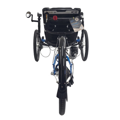 Rear view of the ICE Adventure 26 FS Shimano STEPS EP8 11 Speed Compact Blue Recumbent Trike against a white background.