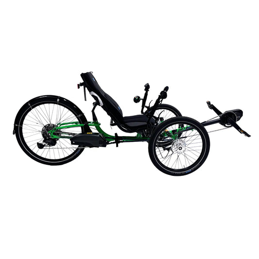 Side view of the ICE Adventure HD 26 Shimano STEPS EP801 Kiwi Green Recumbent Trike against a white background.