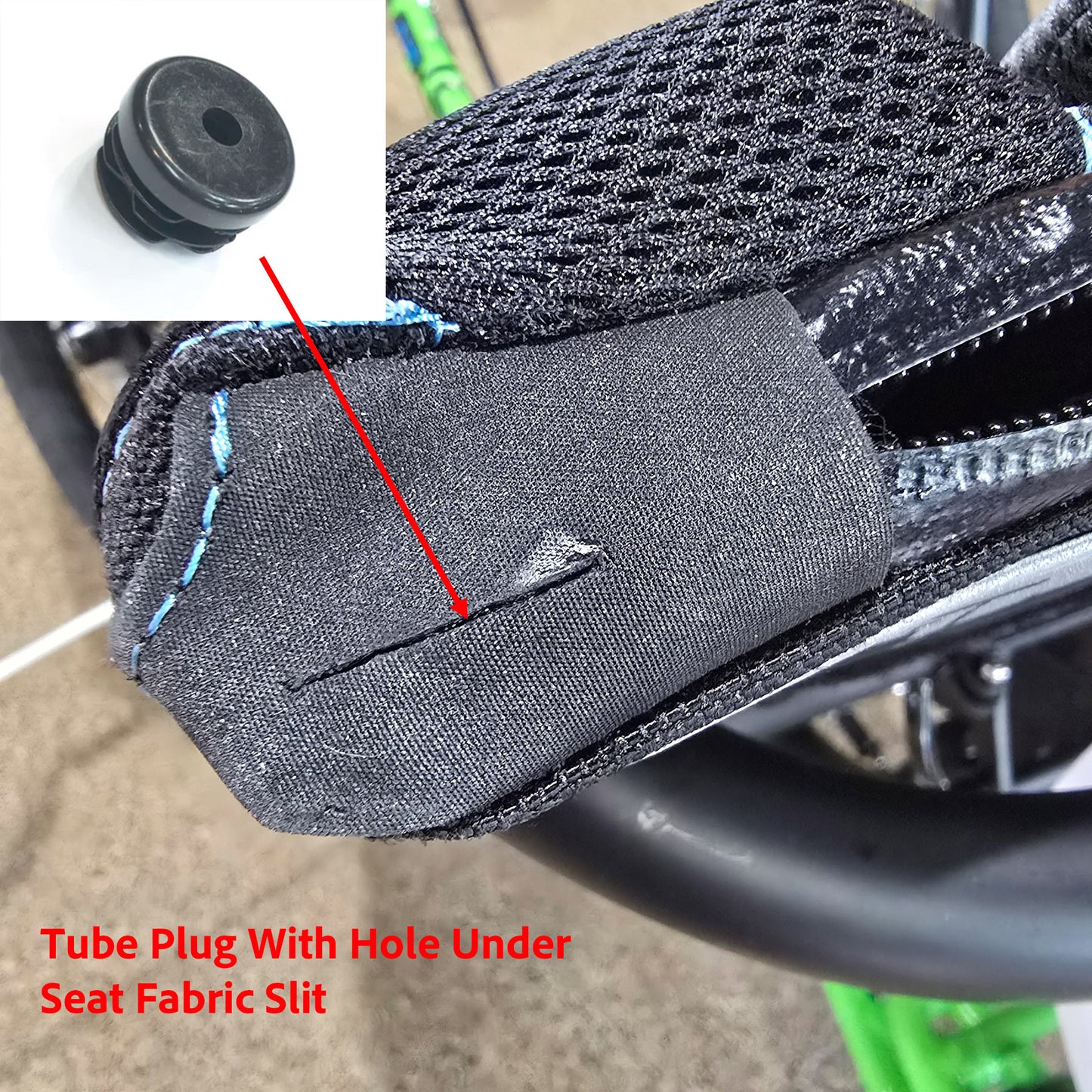 Exploded diagram showing the ICE tube plug with hole under a slit in the seat fabric for mounting an ICE flag.