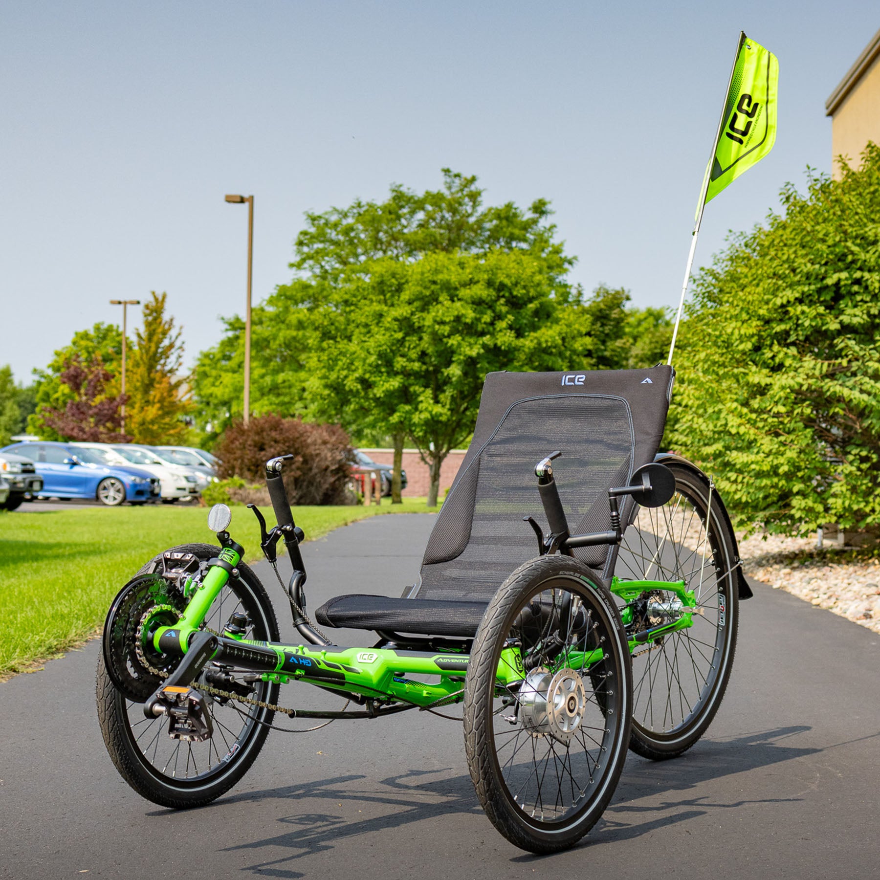 An ICE Safety flag mounted on the seat back of an ICE recumbent trike.