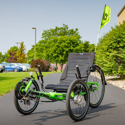 An ICE Safety flag mounted on the seat back of an ICE recumbent trike.