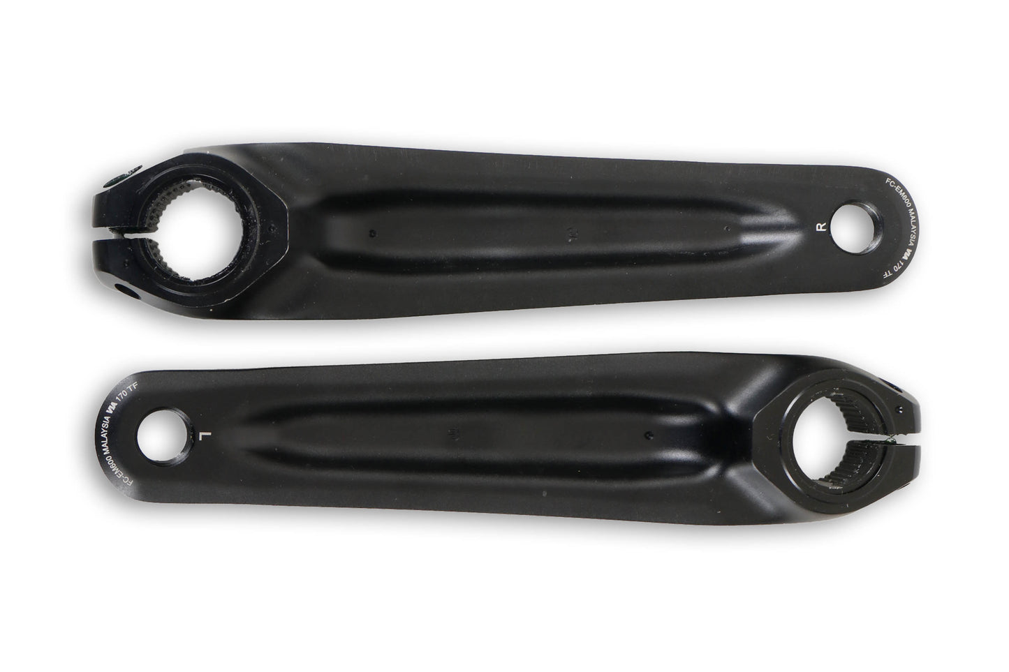 A bottom view of a pair of black ICE Take-Off Shimano Steps EP6 170mm Crankarms with Slots. 