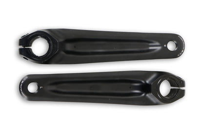 A bottom view of a pair of black ICE Take-Off Shimano Steps EP6 170mm Crankarms with Slots. 