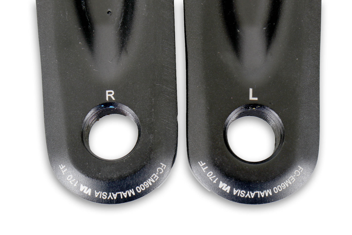 A closeup of the pedal threads of a pair of black ICE Take-Off Shimano Steps EP6 170mm Crankarms. 