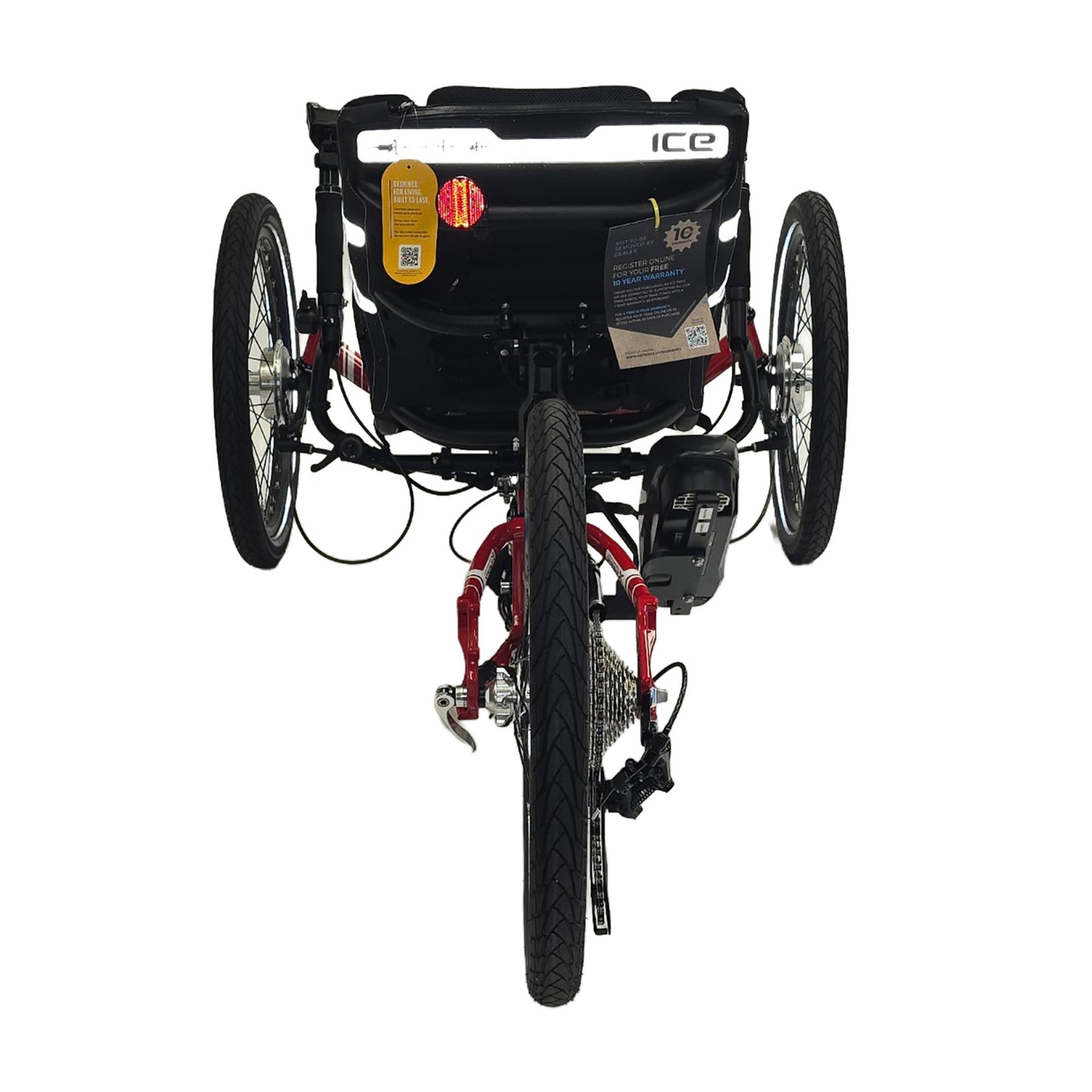 Rear view of the ICE Sprint Pixel RS STEPS EP6 Recumbent Trike in Passion Red against a white background.