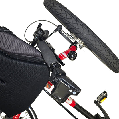 Closeup view of the e-assist controller on the ICE Sprint Pixel RS STEPS EP6 Recumbent Trike in Passion Red against a white background.