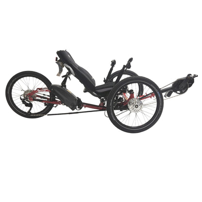 Side view of the ICE Sprint Pixel RS STEPS EP6 Recumbent Trike in Passion Red against a white background.