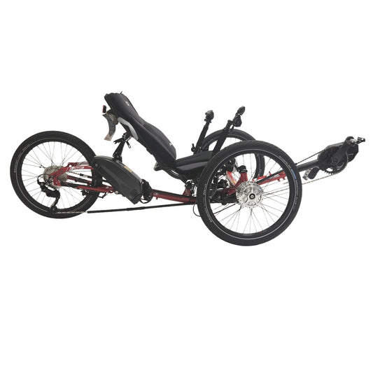Side view of the ICE Sprint Pixel RS STEPS EP6 Recumbent Trike in Passion Red against a white background.