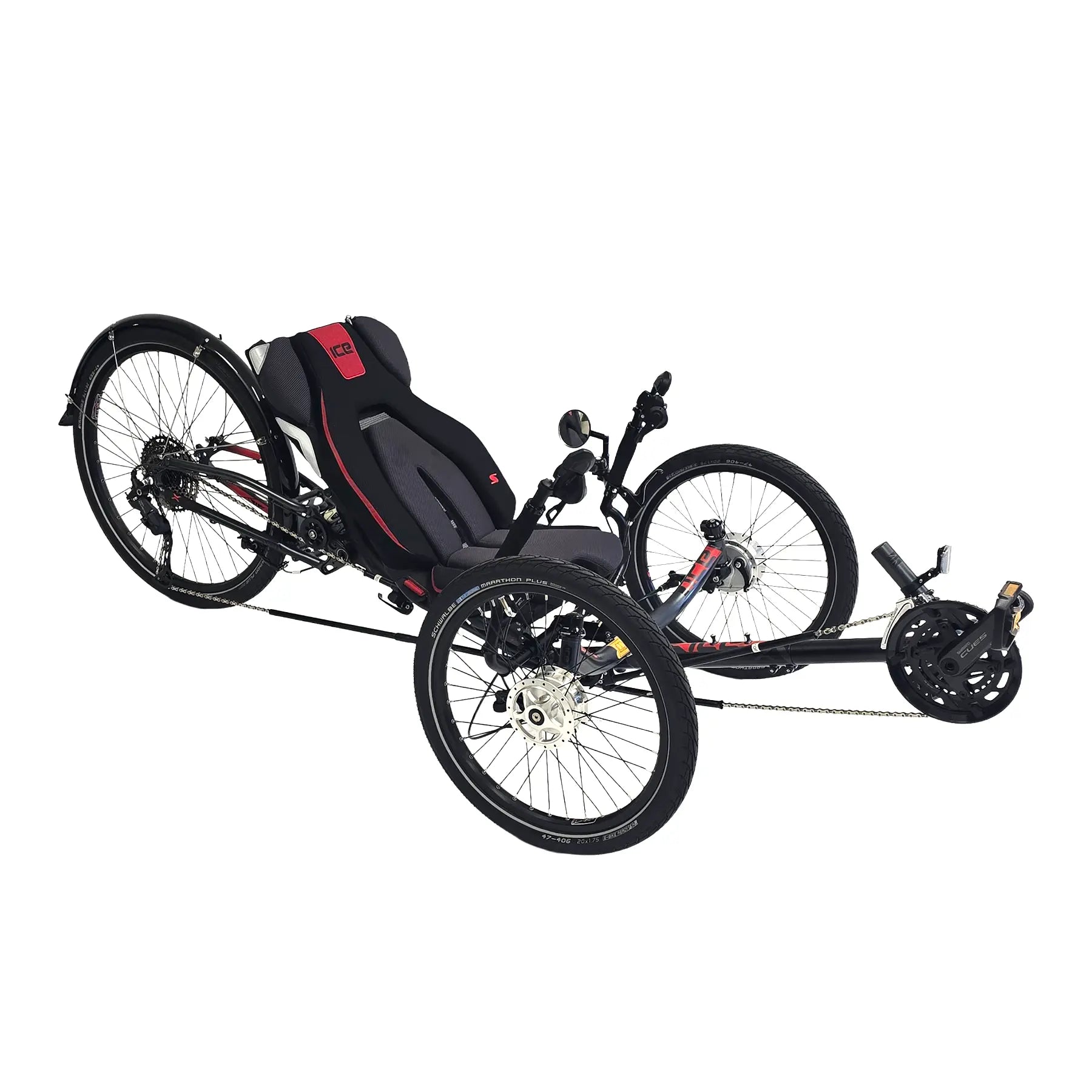 Angled side view of the ICE Sprint X Tour 26 Shimano Cues 11 Speed Grey Recumbent Trike against a white background.