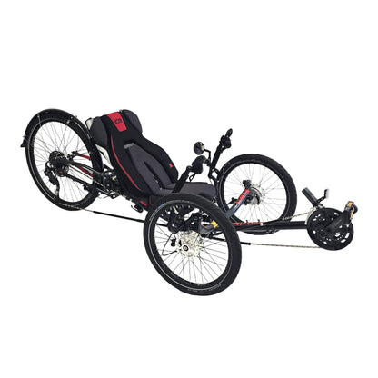 Angled side view of the ICE Sprint X Tour 26 Shimano Cues 11 Speed Grey Recumbent Trike against a white background.