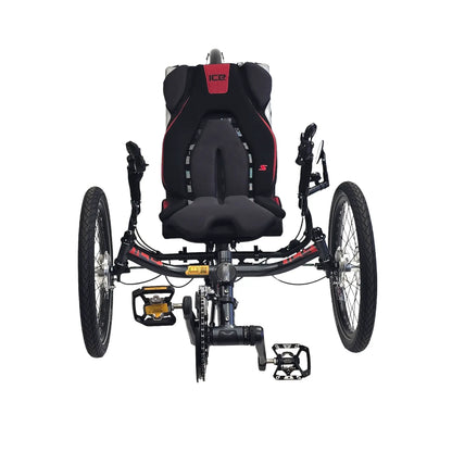 Front view of the ICE Sprint X Tour 26 Shimano Cues 11 Speed Grey Recumbent Trike against a white background.
