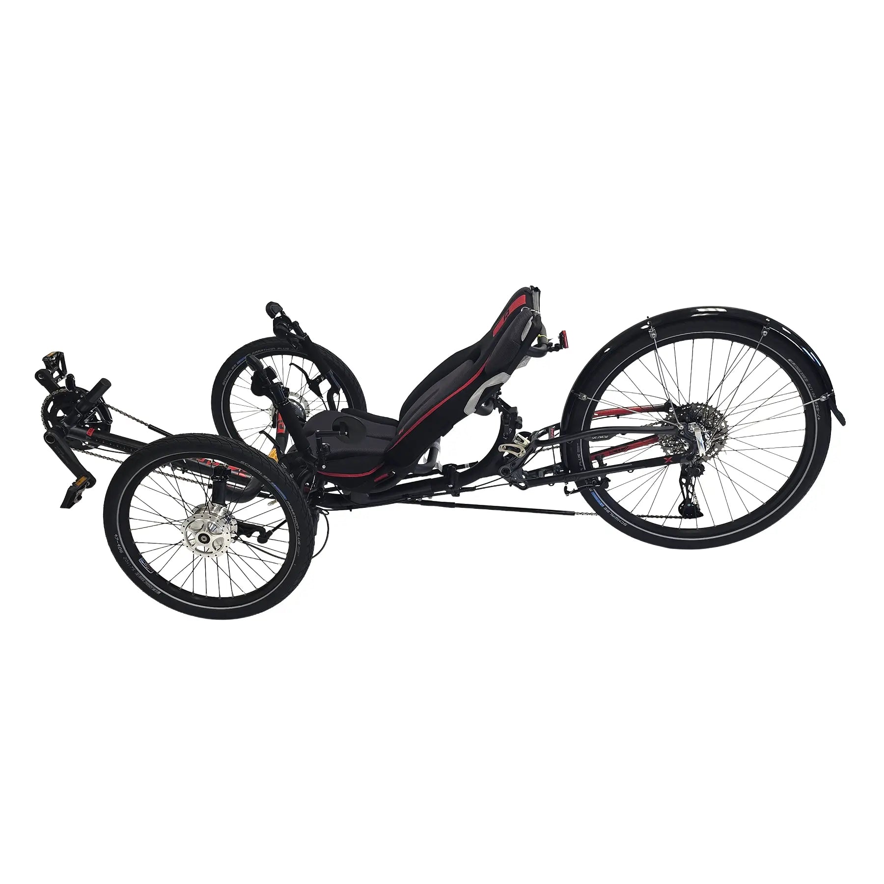 Non-drive side view of the ICE Sprint X Tour 26 Shimano Cues 11 Speed Grey Recumbent Trike against a white background.