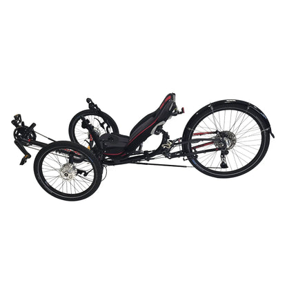 Non-drive side view of the ICE Sprint X Tour 26 Shimano Cues 11 Speed Grey Recumbent Trike against a white background.