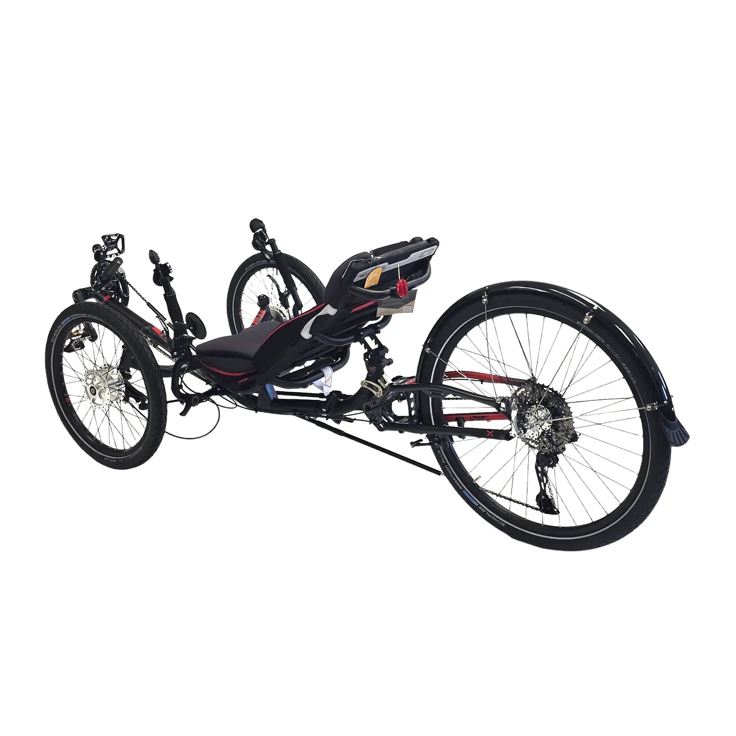 Angled non-drive side view of the ICE Sprint X Tour 26 Shimano Cues 11 Speed Grey Recumbent Trike against a white background.