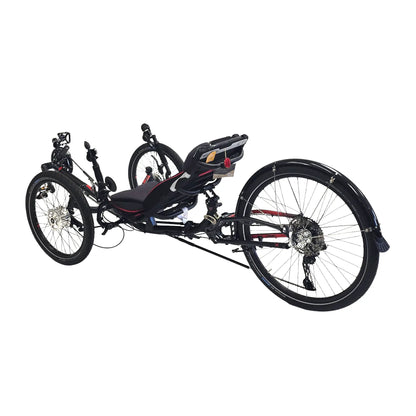 Angled non-drive side view of the ICE Sprint X Tour 26 Shimano Cues 11 Speed Grey Recumbent Trike against a white background.