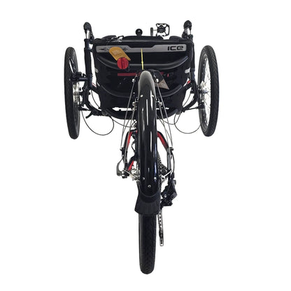 Rear view of the ICE Sprint X Tour 26 Shimano Cues 11 Speed Grey Recumbent Trike against a white background.