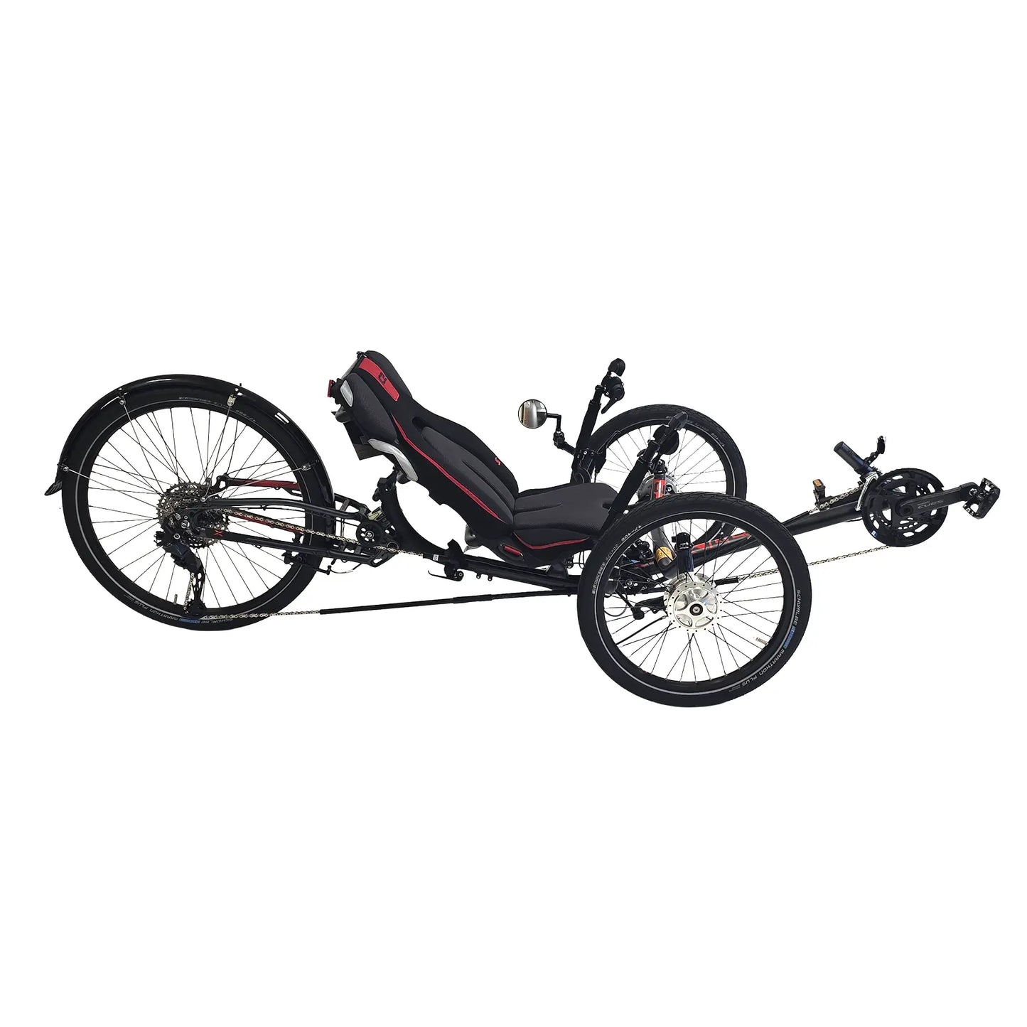 Side view of the ICE Sprint X Tour 26 Shimano Cues 11 Speed Grey Recumbent Trike against a white background.